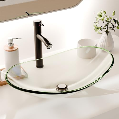 YIMAI Ingenuity Waschbecken, Waschbecken, gehärtetes Glas, Kunst-Waschbecken, 52,8 x 34,8 cm, ovale Schüssel über der Theke, mit Wasserhahn und Pop-Up-Ablauf-Kombination, ovale, transparente