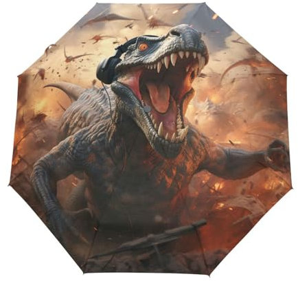 Coole Wütende Dinosaurier-Feuerkunst Regenschirm Automatik Auf-Zu Taschenschirm Umbrella Kompakt Schirme für Jungen Mädchen Strand Frauen