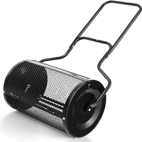 ZbOLi 24-Zoll-Torfmoosstreuer, Mutterbodendüngerwalze mit verbessertem U-förmigem Griff, seitlichen Riegeln, Metallgitterkorb, robuster Miststreuer für Gras-, Hof-, Rasen- und Gartenpflege