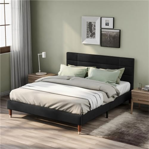 Gepolstertes Doppelbett 140 X 200 cm Mit Verstellbarem Kopfteil, Bettbrett Und Untergestell Aus Massivholz – Geeignet Für Schlafzimmer Für Erwachsene Und Jugendliche(Color:Schwarz+ ohne Matratze)