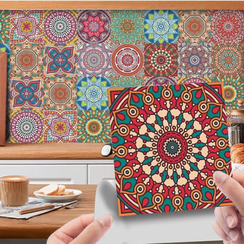 Fliesenaufkleber Farbige Blumen Selbstklebende Klebefliesen, Wandfliesen Aufkleber,Wasserdicht Fliesensticker Fur Kuche Badezimmer Dekorative Stickerfliesen,Wohnzimmer Dekoration15X15Cm