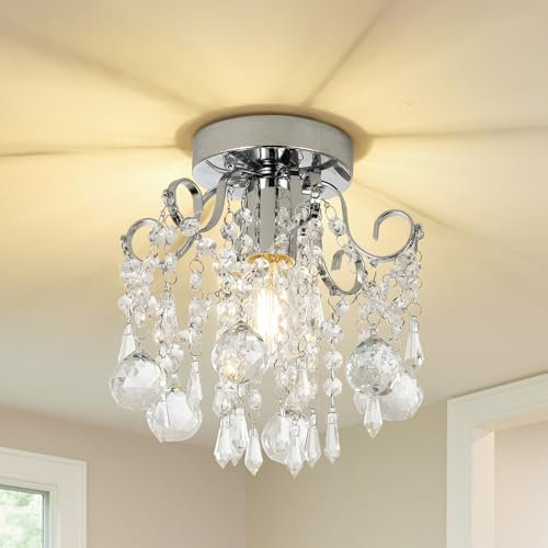 Rayofly Ceiling Lights Living Room, Modern Crystal Chandeliers Ceiling Light, Chrome Flush Ceiling Light with K9 Crystal Beads, Glass Ceiling Lights for Bedroom, Dining Room, Hallway Lights Ceiling