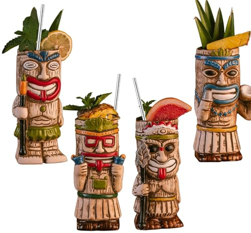Vinbcorw Juego de 4 Tazas de cóctel Tiki: Taza esmerilada exótica con 4 pajitas, Copa de cóctel para Fiesta Tiki,Bebidas para Bar, artículos de Bar Lindos exóticos Tropicales de Primera Calidad,A2