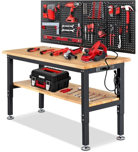 ENJOYWOOD 60 x 22 Adjustable Height Workbench with Under Table Shelf Heavy Duty Rubberwood Top Work Table for Garage, Workshop, Office & Home
