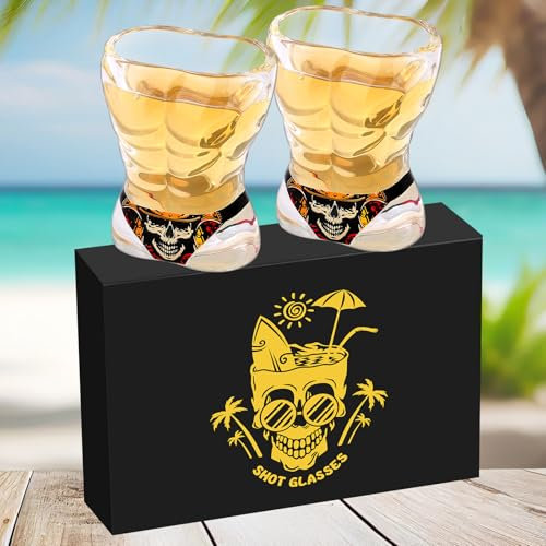 Muscle Manglas Glas-Schnapsgläser, Totenkopf Design, 30 ml Schnapsglas, 2er-Set mit Geschenkbox, für Tequila, Wodka, Espresso, Langlebige und Wiederverwendbare Schnapsgläser für Zuhause, Bars & Party