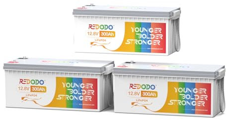 Redodo 12V 300Ah LiFePO4 Lithium Batterie, Eingebautes 200A BMS 3840Wh Energie Deep-Cycle-Batterien, Max 15000 Tiefzyklen und 10 Jahre Lebensdauer Perfekt für Off-Grid, Wohnmobil, Solaranlage 3Pack