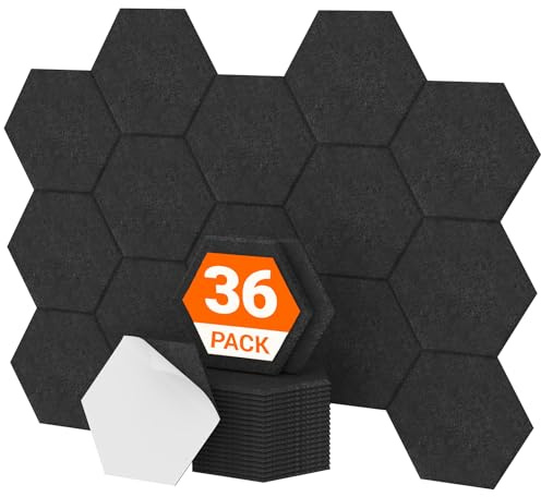 TONOR 36-pack Sexkantiga Akustikpanel, 30×26×1 cm Självhäftande Akustiska Paneler, Hög Densitet Ljudabsorbent Hexagon Ljudisolering för Studio/ Kontor/Sovrum/Vardagsrum, Svart