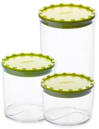 Sicignano | Set 3 di Barattoli Corolla in Plastica Riciclata lt.0,4/0,7/1,3 con Coperchi Ermetici Colorati Verde – Contenitori Salvaspazio per Cucina, Ideali per Pasta, Biscotti, Zucchero e Altro