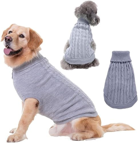 FFWTPY Pull Tricoté pour Chien à Col Roulé Pull d'hiver Confortable pour Chiens de Taille Moyenne à Grande Bouledogue Français et Teckel Pull pour Petit Chien (Gris/L)