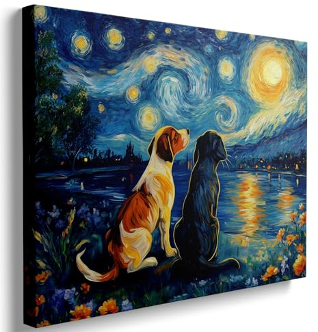 Ypxzzj Van Gogh Starry Night With Dogs Canvas Wall Art,Night Starry Prints Pictures Paintings Wall Decor, Animal Dog Artworks for Bedroom Living Room Wall Decor Framed Ready to Hang