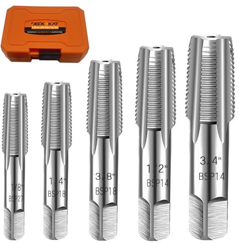 5-Piece BSP Pipe Tap Set, Precision Carbon Steel Tap Set for Clean Accurate Threads, 3/4, 1/2, 3/8, 1/4, 1/8 BSP Tap, Perfect for Plumbers Mechanics DIYers, with Durable Plastic Case.
