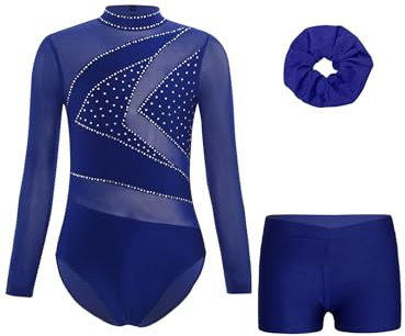 Miaeowve Kinder Mädchen Turnanzug Strass Glitzer Gymnastikanzug Langarm Ballett Body Mit Haarband Shorts Wettbewerb Tanzkleidung