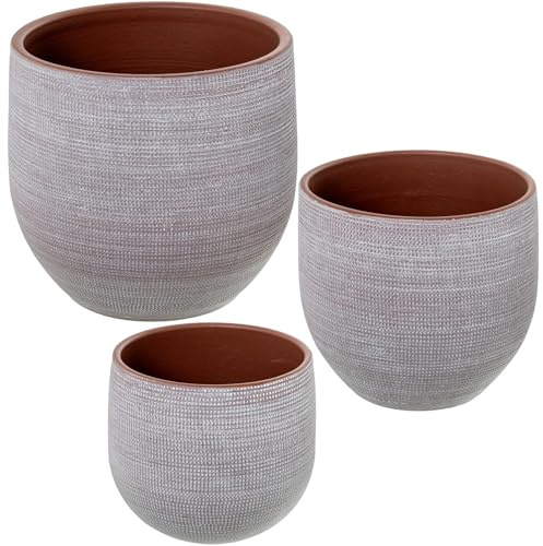 Set de 3 maceteros Redondos de Ceramica en Terracota y Blanco 28x28x27 cm