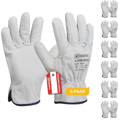 Gebol G-Base Driver, 6 Paar Arbeitshandschuhe Herren aus hochwertigem Büffelleder, robuste Lederhandschuhe für Garten, Werkstatt & Montage, Schutzhandschuhe Gr. XL (Gr.10), Weiß