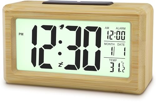 Ayybboo Wecker Digital,Wecker Holz mit Großer Anzeige,Automatischer Lichtsensor,Datums,Temperaturanzeige, Batteriebetrieben Tischuhr(Alkalibatterien Nicht Enthalten) (Bambus)