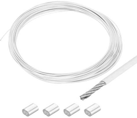 QUARKZMAN Drahtseil Edelstahl 20M x 0,8 mm Stahlseil PVC ummantelt mit 4 Aluminiumhülsen Sicherungsdraht Aufhängedraht Drahtkabel Wäscheleine für Bilder Outdoor Zaun Gardinen, Weiß