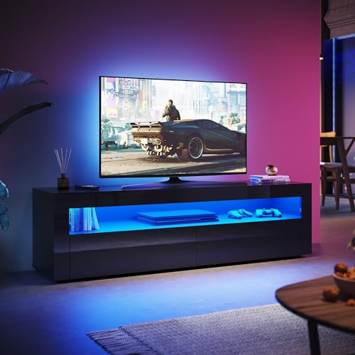 SUNXURY TV Board Schwarz mit LED-Beleuchtung Fernsehtisch 160(B) x 40(T) x 45(H) cm TV Schrank Fernsehschrank TV lowboard Schwarzer Hochglanz