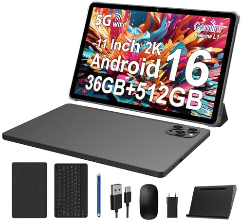 FASTWD Tablette 11 Pouces Android 16 Tablet Tactile avec 5G WLAN,Octa-Core,36GB+256GB/TF 1TB/8000mAh/13MP+8MP/GPS/GMS,BT5,Tablette avec Clavier,Noir