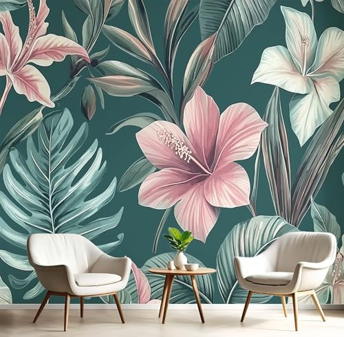 Hibisco Tropical Papel Tapiz Fotográfico Efecto 3D, Plantas Exóticas Papel Pintado Turquesa Fotografía Mural, 250X175Cm Pared Pintado Fotomural Dormitorio Sala Mural Decoración