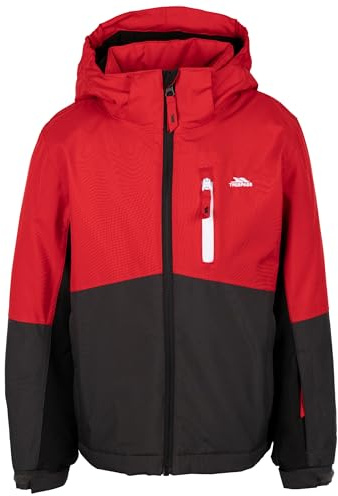 Trespass skidjacka för barn Lennox – unisex, vadderad, avtagbar huva, kontrastdragkedja, bröstficka med dragkedja, 2 nedre fickor, skidpassficka, snöskydd, justerbar fåll och manschetter, Röd, 11-12