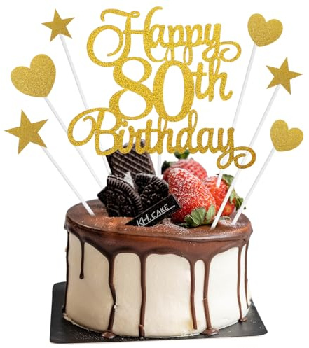 80th Birthday Cake Decorations, 7Pcs Personalised Happy 80th Birthday Cake Topper with Heart Star Cupcake Picks, Gold Glitter Happy 80 Years Old Birthdays Sign for Birthdays Party Supplies