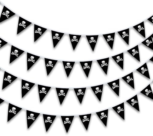10M Piraten Deko Kindergeburtstag, 2 Stück Halloween Girlande, Skelett Wimpelkette mit 15 Flaggen (20x30 cm, 5 Meter Gesamtlänge), Ideal für Halloween Deko und Cosplay