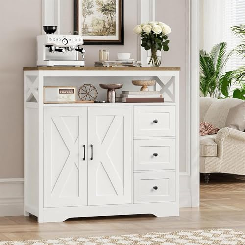 Armario de cocina blanco, aparador buffet con 2 puertas y 3 cajones, estante ajustable y estante abierto, moderno armario de buffet, armario auxiliar para cocina, comedor, sala de estar, pasillo