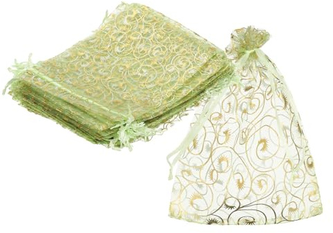 QUARKZMAN 50 Stück Organzasäckchen, 10x15cm Drucken Schmucksäckchen, Geschenk Schmuckbeutel Mit Zugband, Geschenksäckchen Für Party und Hochzeit (Hellgrün)