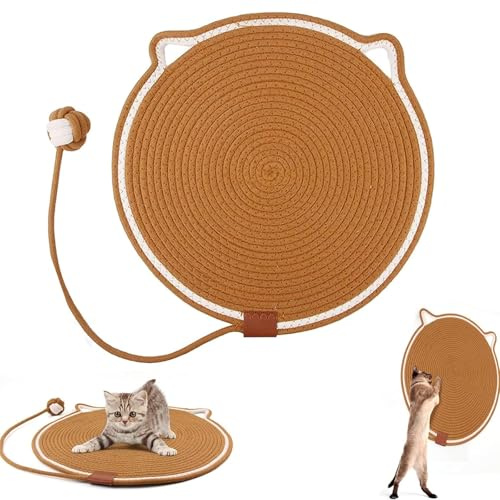 HSYTEK Klösmatta för katt, bomullsrep rep, repbrädor, kattsovmatta, hängande klösmatta, katter med bomullskula, leksak och kattörondesign för soffa, möbler, dörr, 43 cm (kaki)
