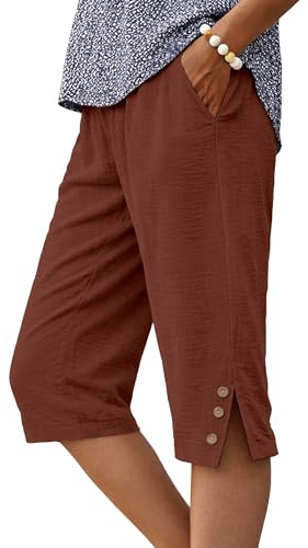IWOLLENCE Women's Summer Bermuda Shorts Side Split Button Deco Knee Length Shorts for Seniors Long Short Pants with Pockets Beach Vacation Outfits Brown, XL