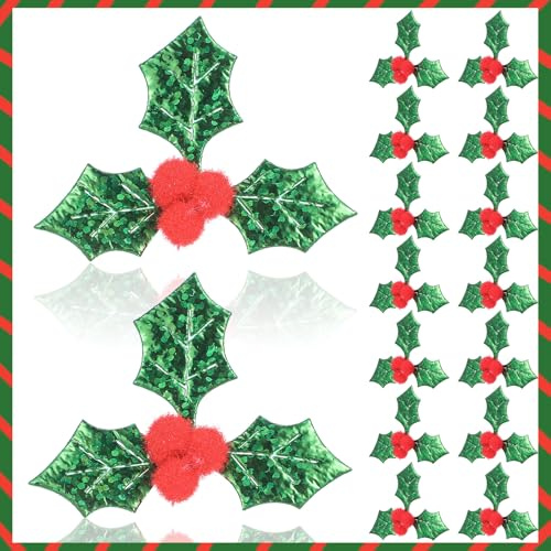 Hemobllo 100 Hojas de Acebo Navideñas Verdes y Doradas con Bayas Rojas Decoración de Tela para Manualidades Accesorios DIY para Árbol y Guirnalda de Navidad Paquete de 100 Piezas