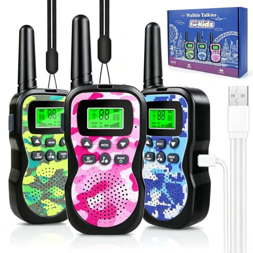 Nestling 3Pcs Rechargeable Long Range Walkie Talkies for Kids | Outdoor/Indoor Game Toy for 4 5 6 7 8 Year Old, 8 Channels, LED Light, Gifts for Boys Girls Ages 3-12 (Camo Blue/Pink/Green)