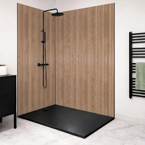 99 Déco Panneaux Muraux de Douche en Aluminium Composite, Effet Bois Marron, 90x220 cm et 120x220 cm, avec Profilés Noirs, Installation par Collage