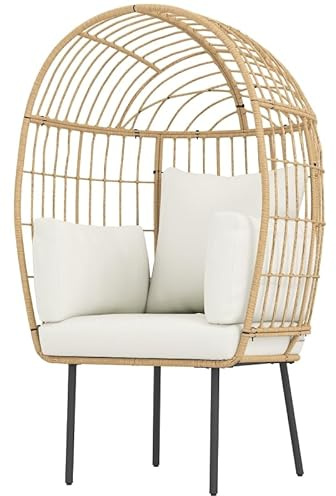 XPSSJMU Rattansessel Ei-Förmig mit abnehmbarem Kissen, Polster, übergroße Outdoor Sessel aus Rattan, Wetterfest Korbsessel Gartensessel Gartenstühle für Garten Balkon, Veranda, Terrasse Beige |