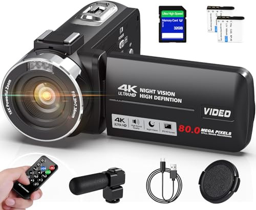 Peryoua 4K Video Camera Camcorder HD 80MP IR Night Vision Camera 18X Digital Zoom 3.0 IPS Screen Video Recorder Vlogging Camera for YouTube with 32GB SD Card, 2 Batteries, Remote Control