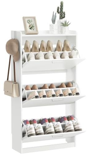 Schuhschrank mit 3 Klappen, Schuhregal mit 3 Ebenen, Schuhschrank Schmal | Trennwand Verstellbar, Perfekt für Schmale Flure, Wohnzimmer, Schlafzimmer, 60 x 22.5 x 120 cm, Weiß