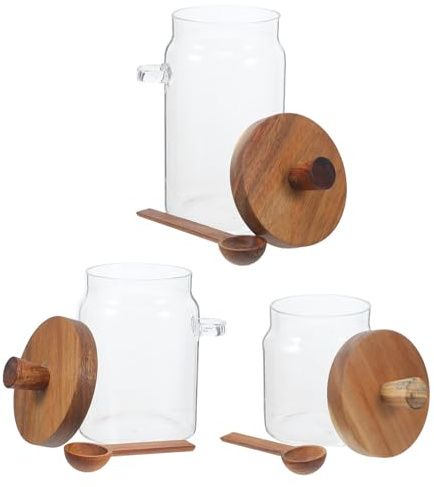 TOYANDONA 3 Pièces Bocaux en Verre Transparents Capacité 400ml, 600ml et 900ml avec Couvercle en Bois et Cuillère Organisation Pratique Buanderie pour Lessive