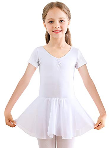 Bezioner Ragazza Balletto Leotard Vestito Danza Tutu Body Ginnastica Manica Corta con Chiffon Gonna Bianca 130