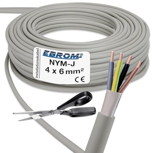 EBROM NYM-J 4 x 6 mm² - Câble gainé - Câble d'installation - Câble pour pièces humides - Gris - Sélection par incréments de 1 mètre - Vendu au mètre exact - Votre sélection : NYM-J 4 x 6 mm², 8 mètres