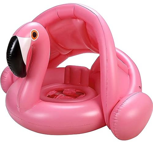 Flamingo Baby Pool Float with Canopy UPF 50+,Toddler Pool Float with Removable & Adjustable Sunshade,Inflatable Baby Swim Float with Back Holder for 8-36 Months Girls Boys Summer Essentials