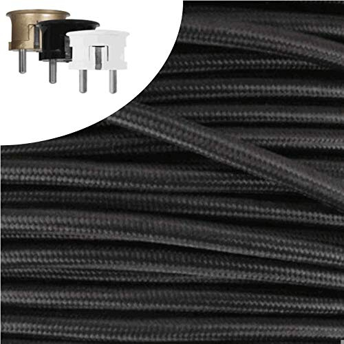 Textilkabel, Stoffkabel, Verlängerung 10 METER Farbe Schwarz 3 adrig 3 x 0,75 mm² rund wahlweise mit Schukostecker Globe Warehouse® (10 mtr. Schukostecker Rund gold)