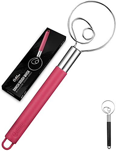 ORBLUE Fouet à pâte danois avec poignée recouverte de silicone, mélangeur en acier inoxydable, rouge