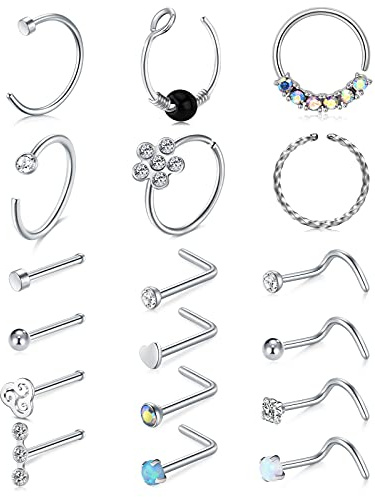Crdifu Nose Stud, Silver Stainless Steel Nose Studs, 18Pcs 20G Straight L Shaped Corkscrew Nose Stufs