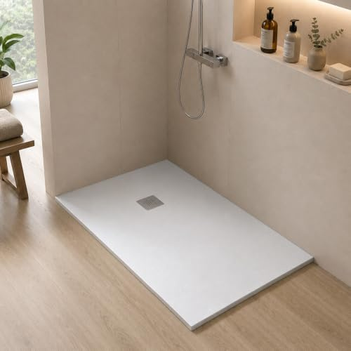 Piatto doccia marmoresina con effetto pietra serie Karen, in diverse dimensioni e colori, spessore ultraslim 3 cm, riducibile su misura, COMPLETO di kit scarico (70x110, Bianco)