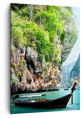 Moderne Impression sur Toile Bateau falaises nature rochers Image Tableau Decoration Murale 50x70cm Deco Cadre Salon Chambre Cuisine Vertical Petit Tableaux Decoratifs Muraux Art Wall PA50x70-2787