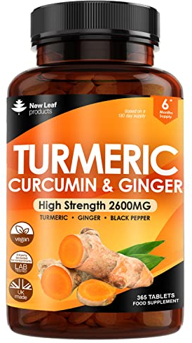 Turmeric Tablets 2600mg High Strength with Black Pepper & Ginger (6 Months Supply) Active 95% Turmeric Curcumin Supplements 365 Tablets Not Capsules, Vegan, UK Made by New Leaf