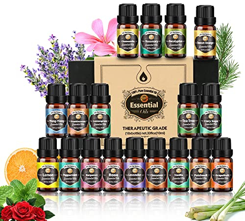 Ätherische Öle Set 18 x 10 ml, Teebaum, Lavendel, Eukalyptus, Weihrauch, Zitronengras, Rosmarin, Orange, Minze, Zitrone, Bergamotte, Ylang-Ylang, Grapefruit, Kamille, Rose, Vanille, Patchouli Salbei