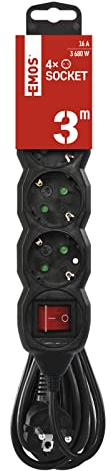 EMOS - Regleta de 4 enchufes 3m - con Interruptor - 4 Tomas Schuko girado 45° - 250 V, 16 A, 3680 W - Aislamiento PVC - H05VV-F3G 1,5 mm2 - Mayor protección táctil - IP20 para Interiores - Negro
