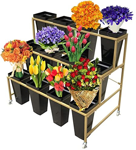 FPIGSHS Blumenständer mit Eimern - 3 Etagen mit 12 Eimern, Pflanzenständer, mobiler Blumenständer mit Rädern, für Innen- und Außenbereich, Garten, Wohnzimmer, Florist (F)