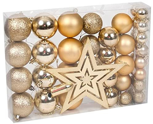 AC - Set de 42 Bolas de Navidad de Color Dorado con tamaños y diseños Surtidos y 1 Estrella en Dorado, Ideal para completar el arbol navideño. Set para Decoracion navideña.